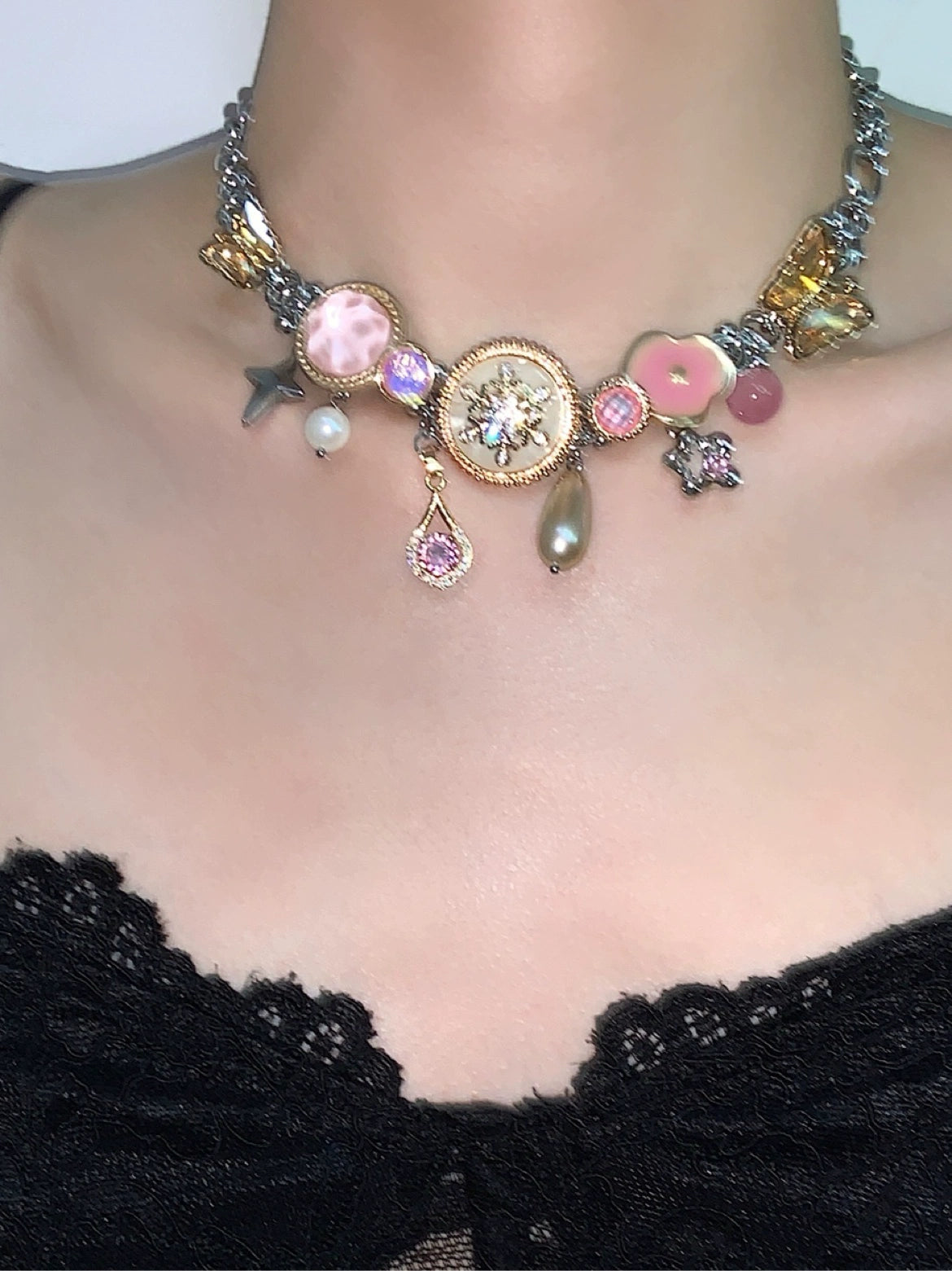 Golden Pink Beauty "Butterfly Button Titanium Steel Joker Bracelet Necklace