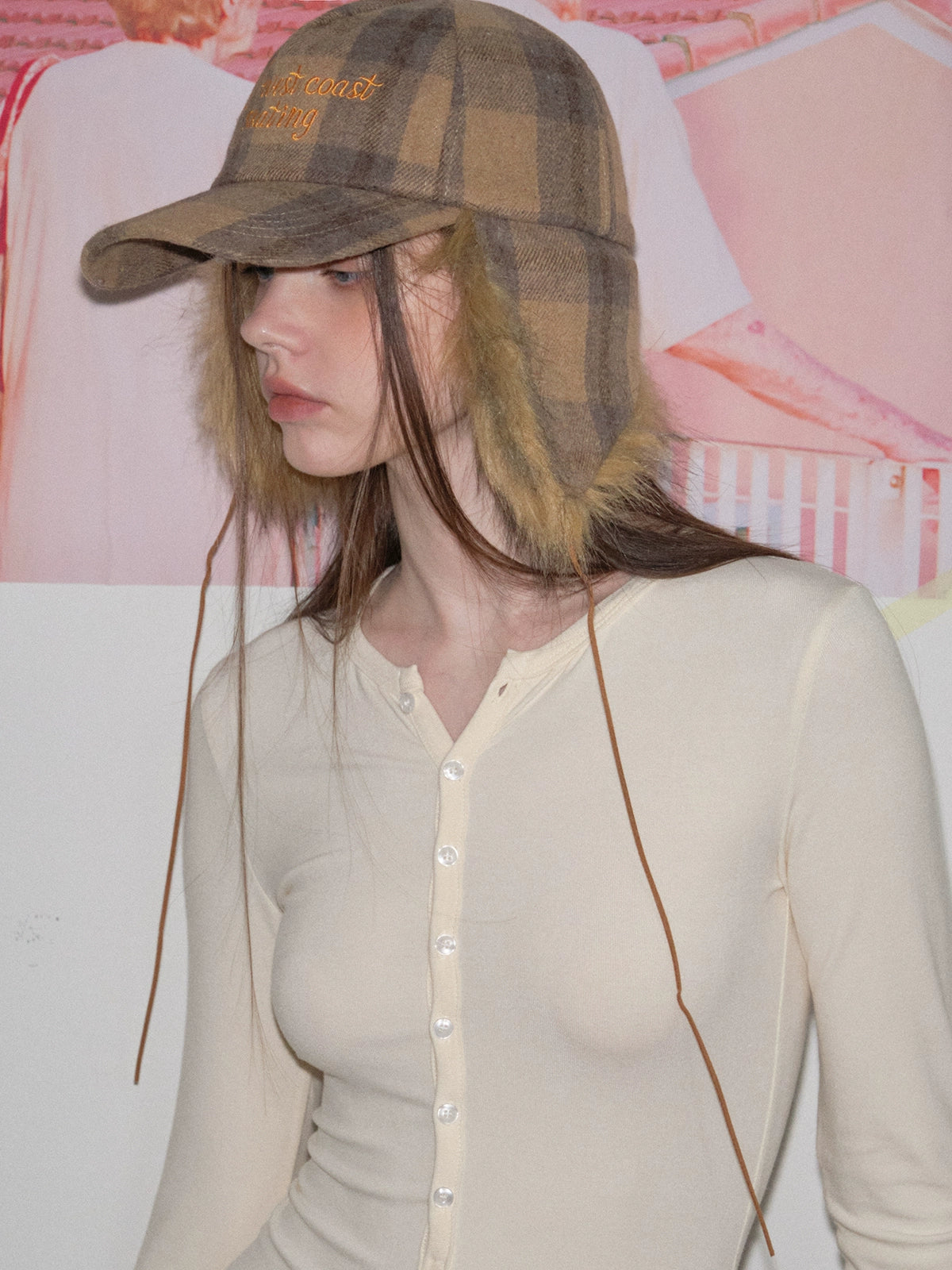 Retro plaid plush ear protector baseball cap