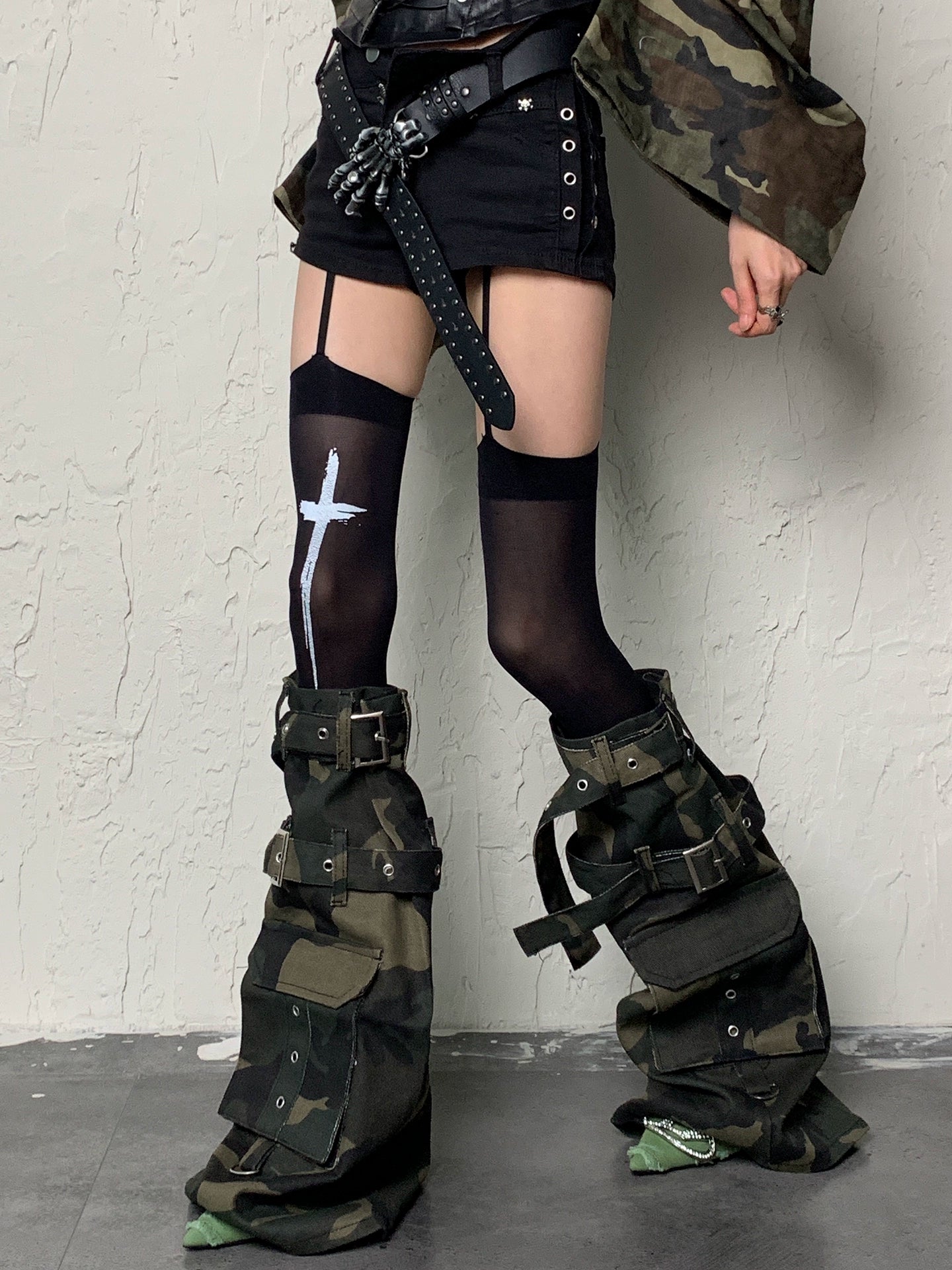 Y2K Apocalypse Sweetheart~White Bottom Black Cross Strap x Camouflage Punk Socks