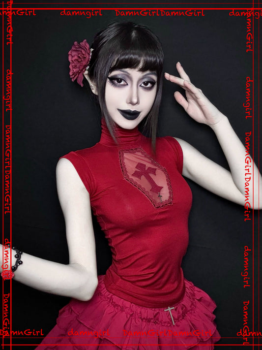 Christmas Wine Deep Red Gothic Cross Hollow High Neck Knitted Shirt