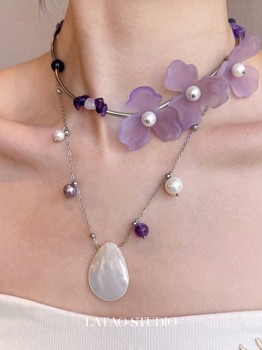 Purple Tone "Amethyst Shell Pearl Flower Necklace
