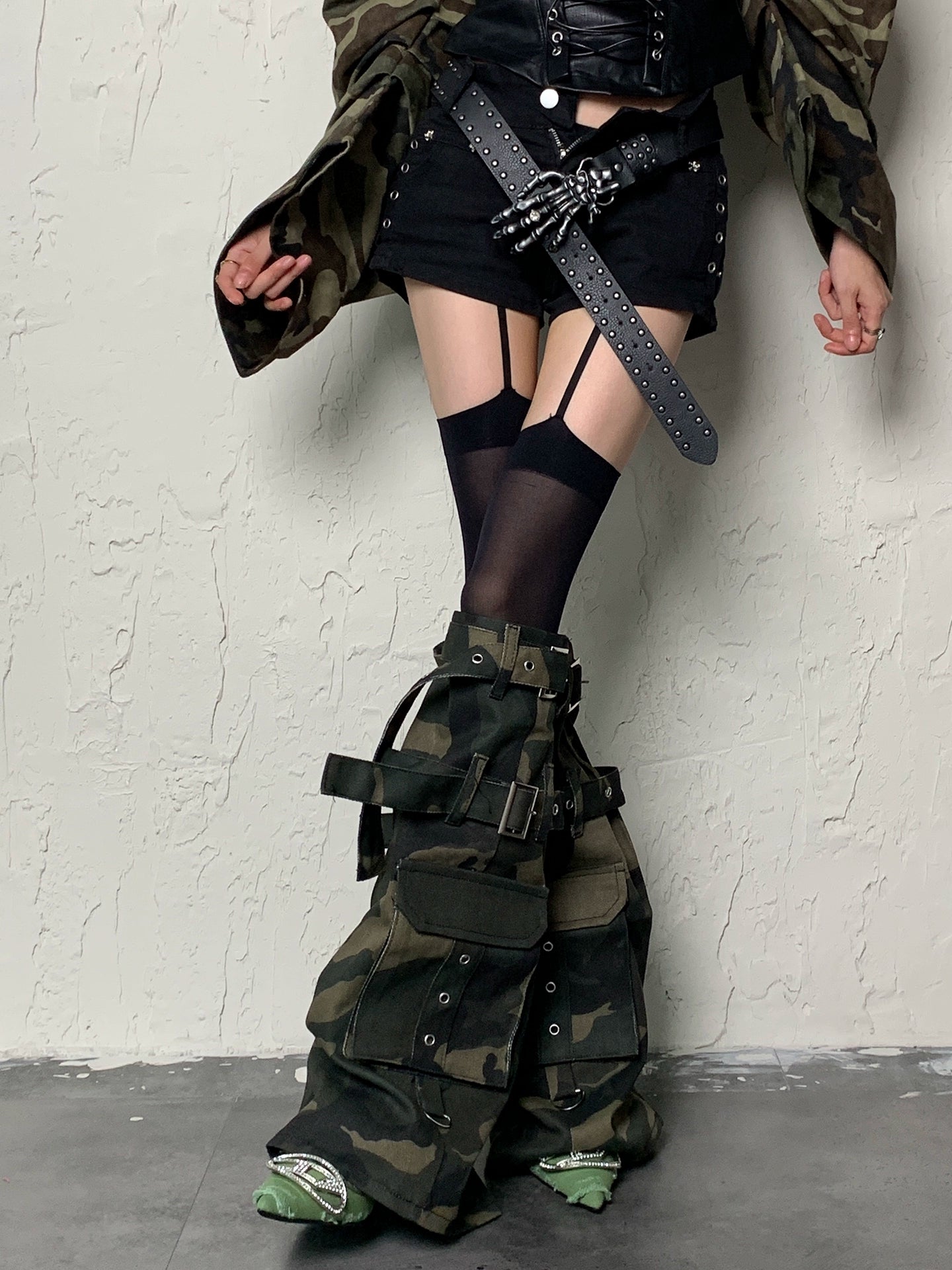 Y2K Apocalypse Sweetheart~White Bottom Black Cross Strap x Camouflage Punk Socks