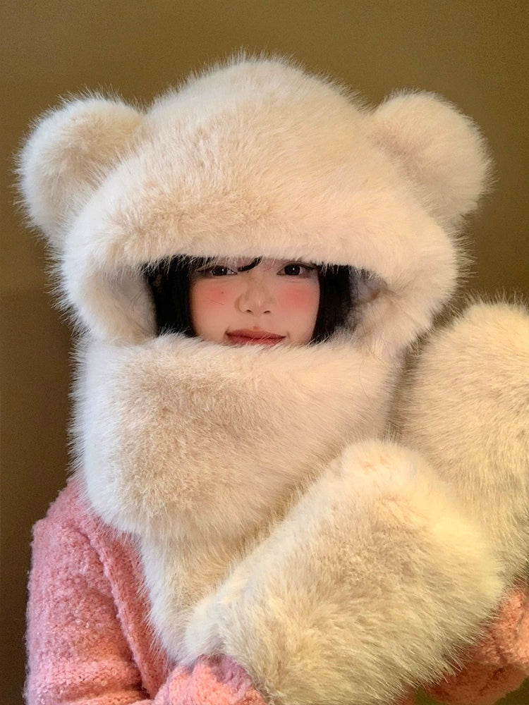 Cute little bear with ears, hat, scarf in one