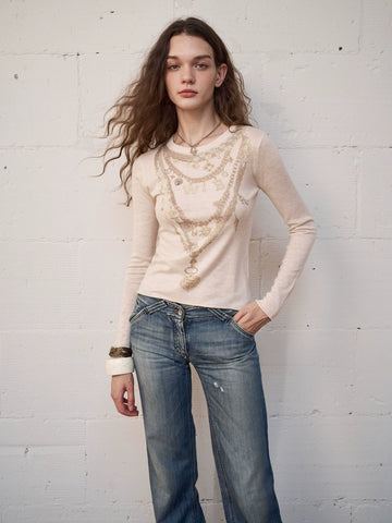 Water Bear Original Design Printed Bronze Necklace Shoulder T-shirt Skin friendly Knitted Top