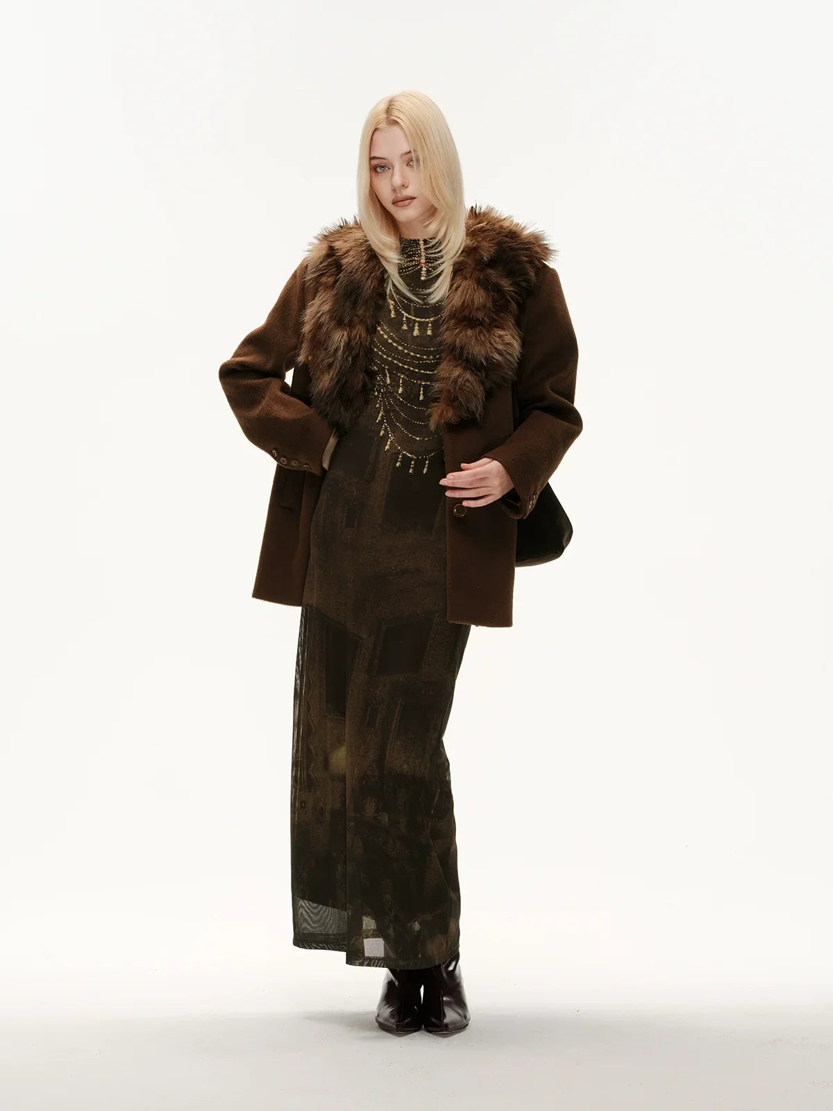 Golden brown necklace print dress