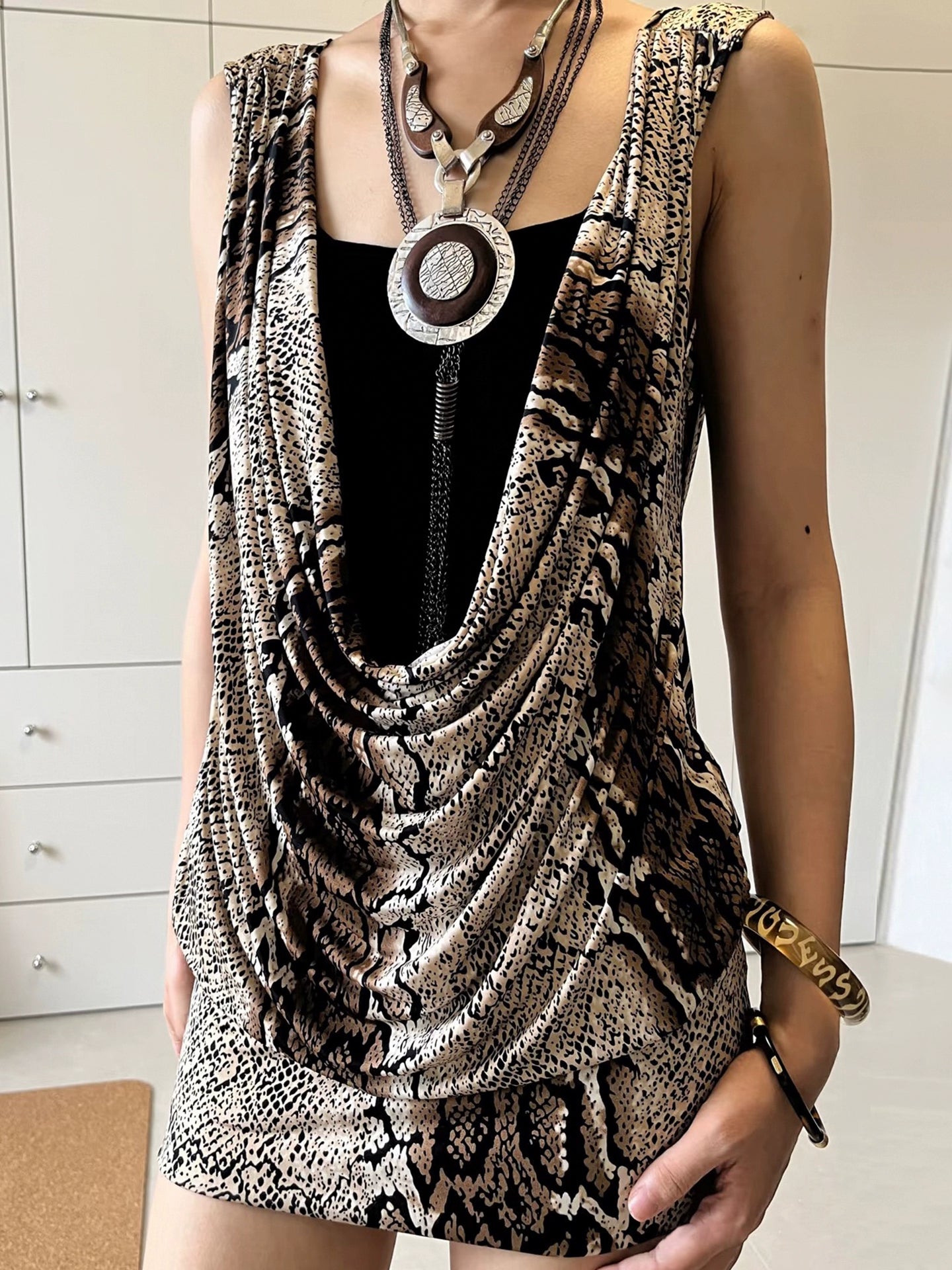 Leopard print patchwork swing neck vest dress