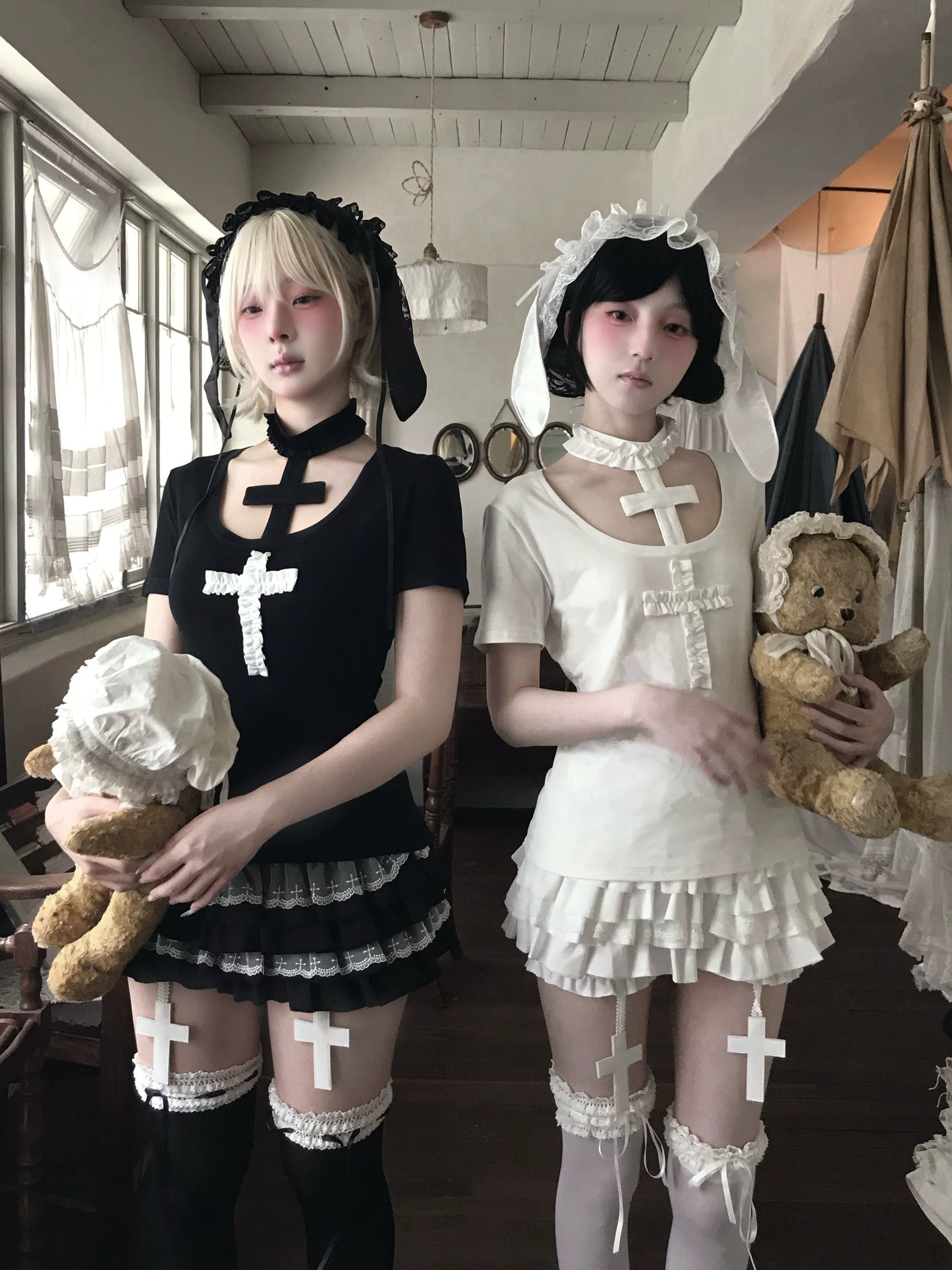 Dark White Gothic Cross Neck Hanging T-shirt Cake Skirt