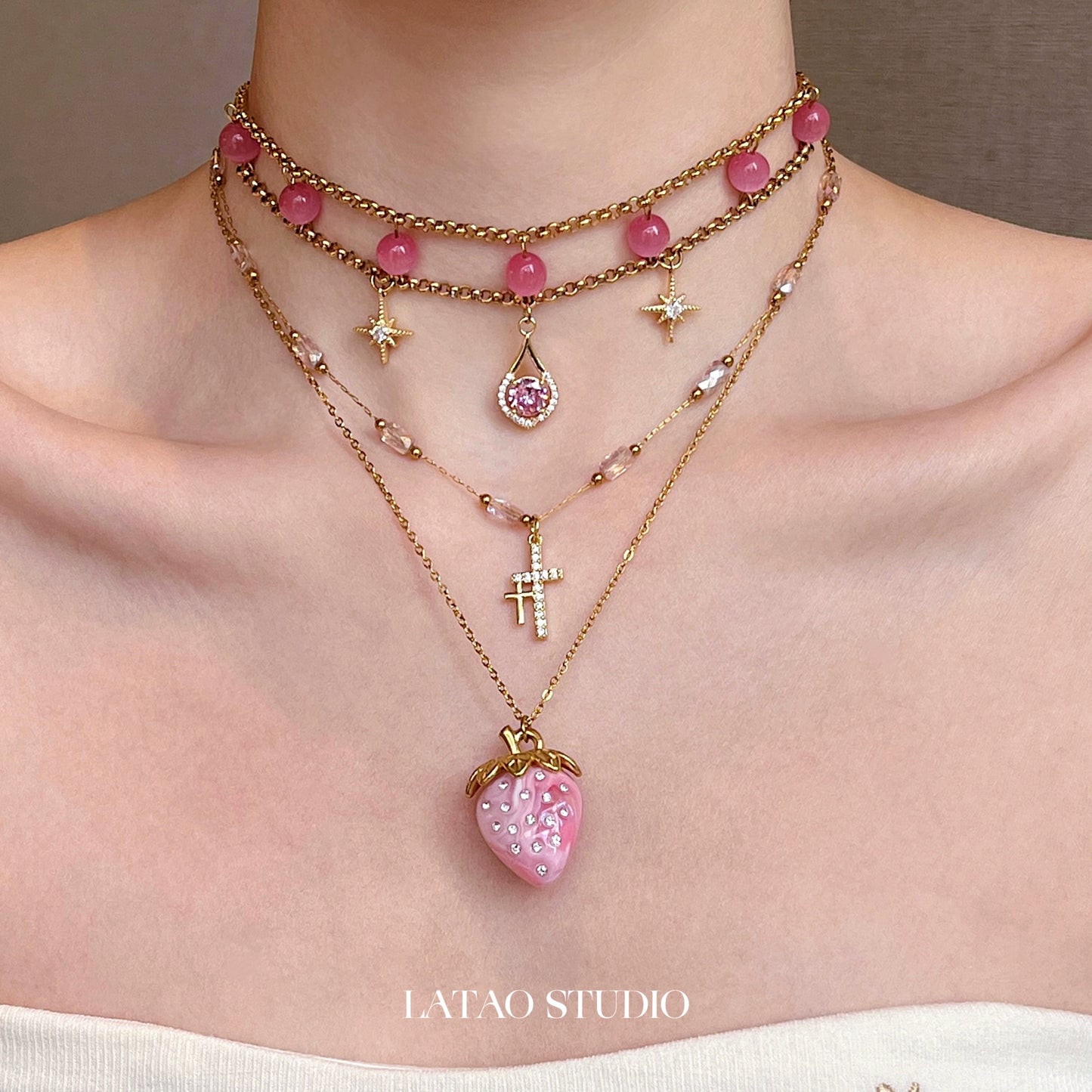 Pink Cat Eye Cross Strawberry Titanium Steel Necklace