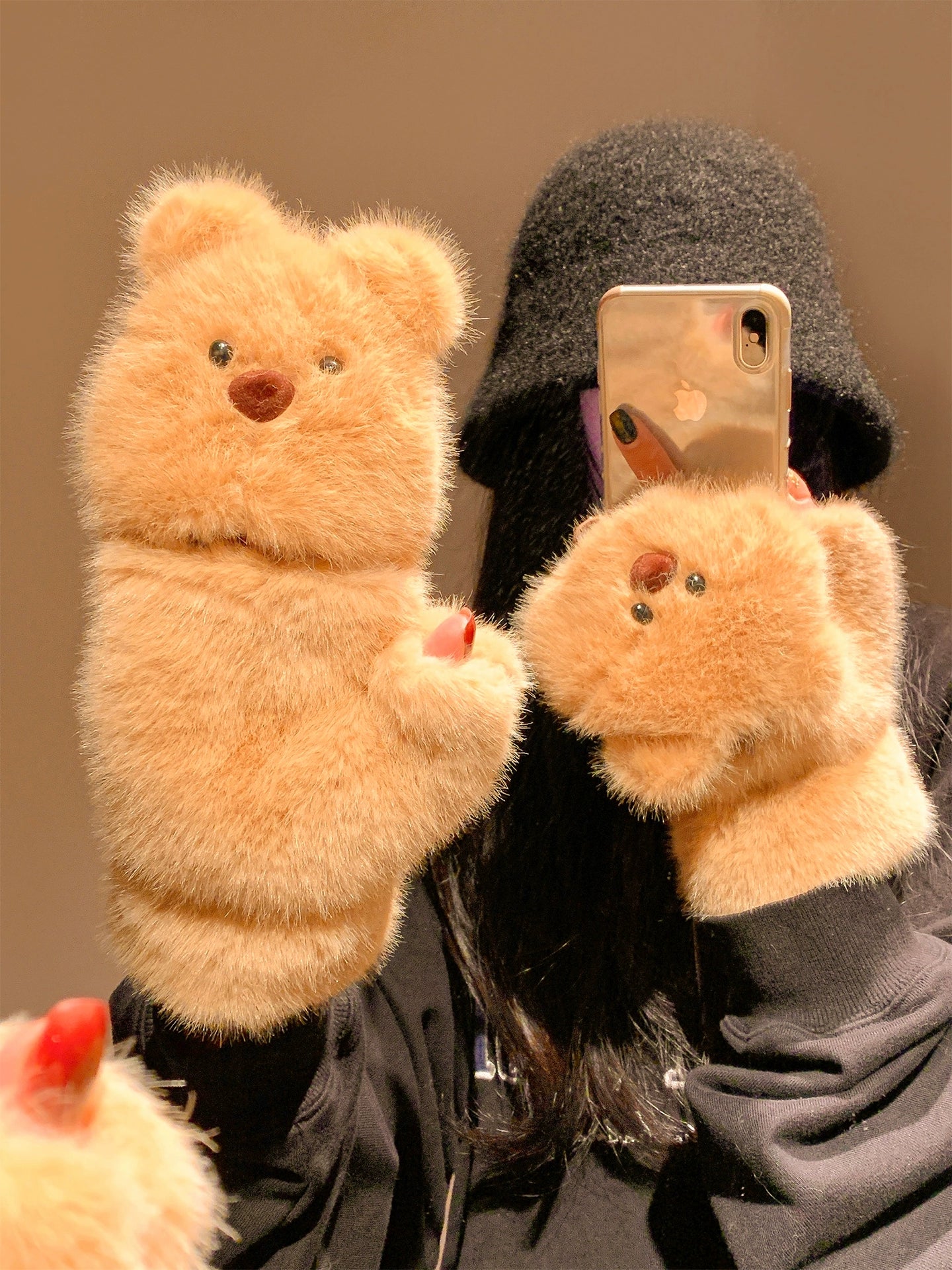 Cute teddy bear flip half finger plush gloves