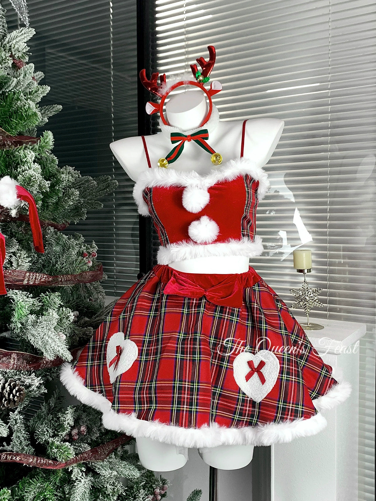 Snow Mountain Deer | Christmas Dress Checkered Velvet Set