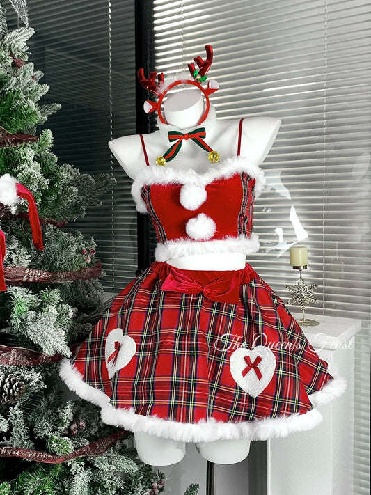 Snow Mountain Deer | Christmas Dress Checkered Velvet Set