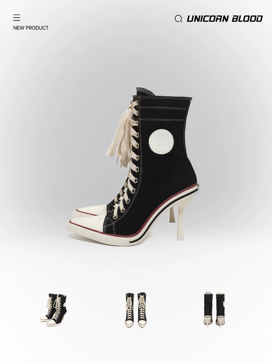 Sports style leather label canvas lace up high heels