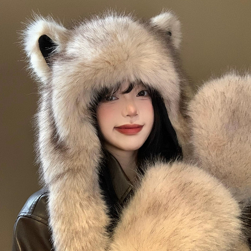 Cute fox ears plush hat scarf hat in one