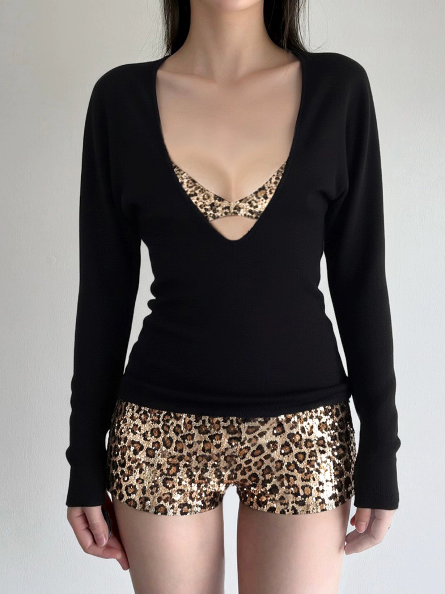 Color blocking casual suit women's leopard print sequined bikini two-piece set+V-neck T-shirt