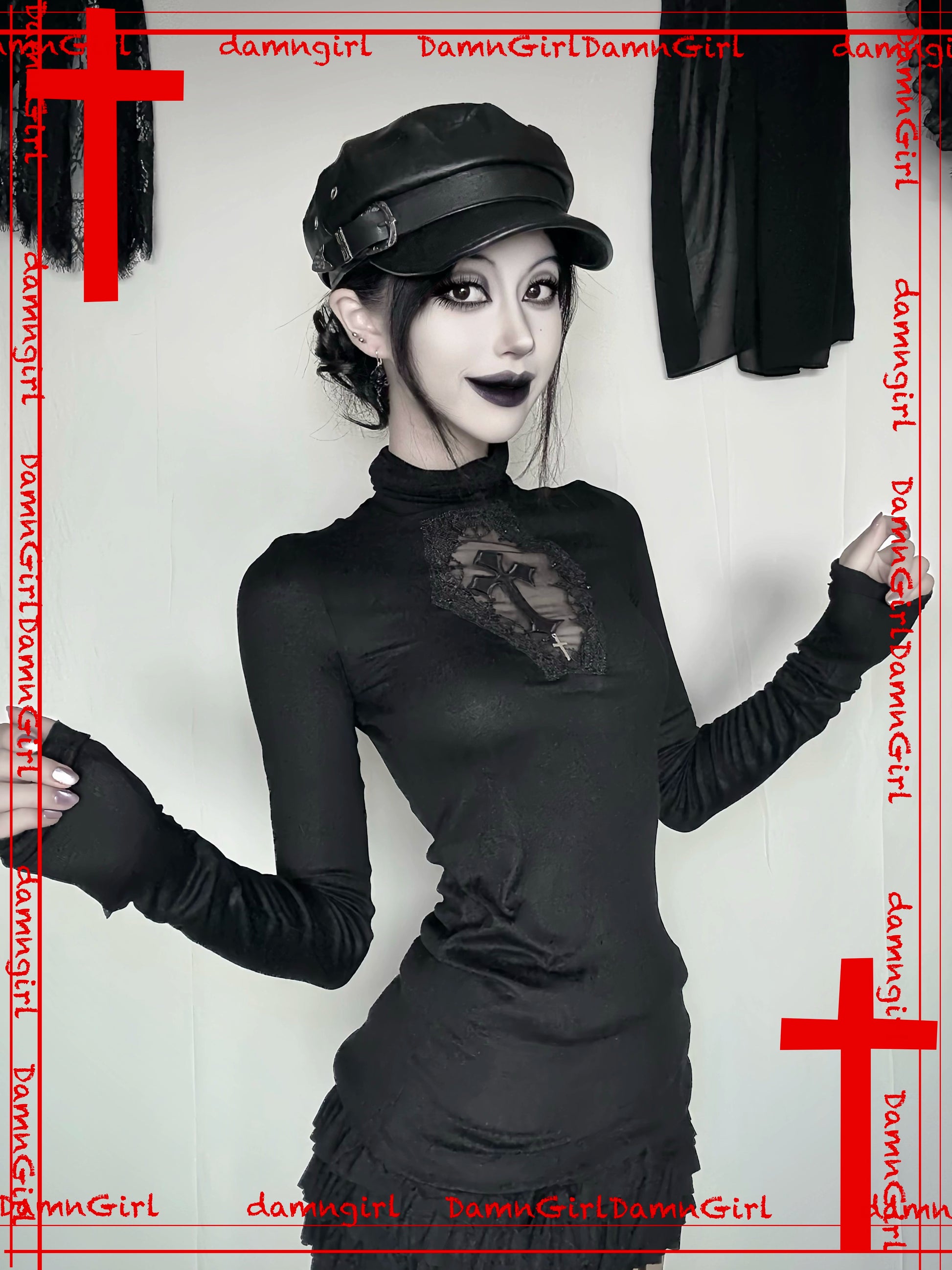 Dark Gothic Cross Hollow Micro Transparent High Neck Knitted Shirt