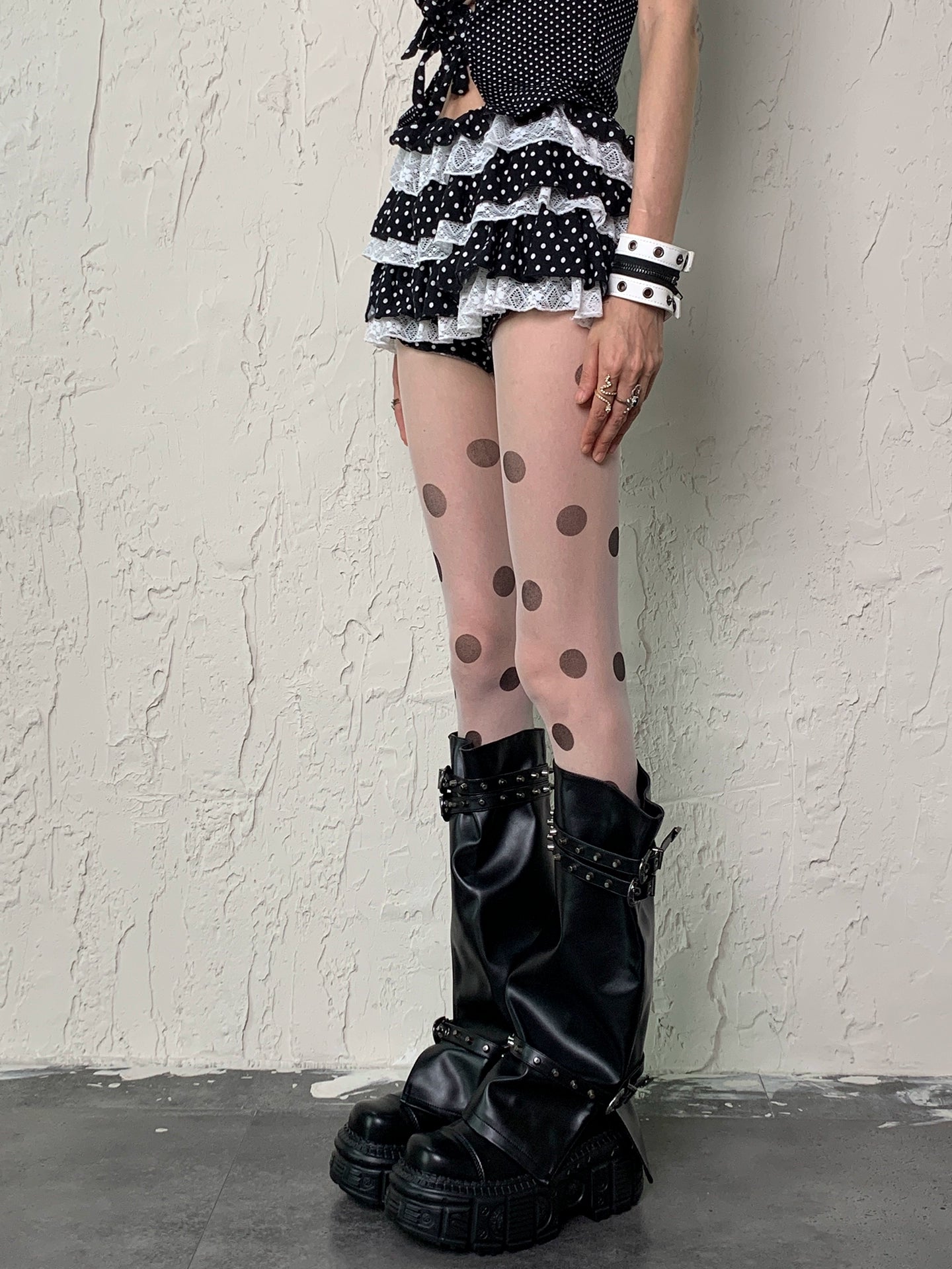 White background large polka dot stockings