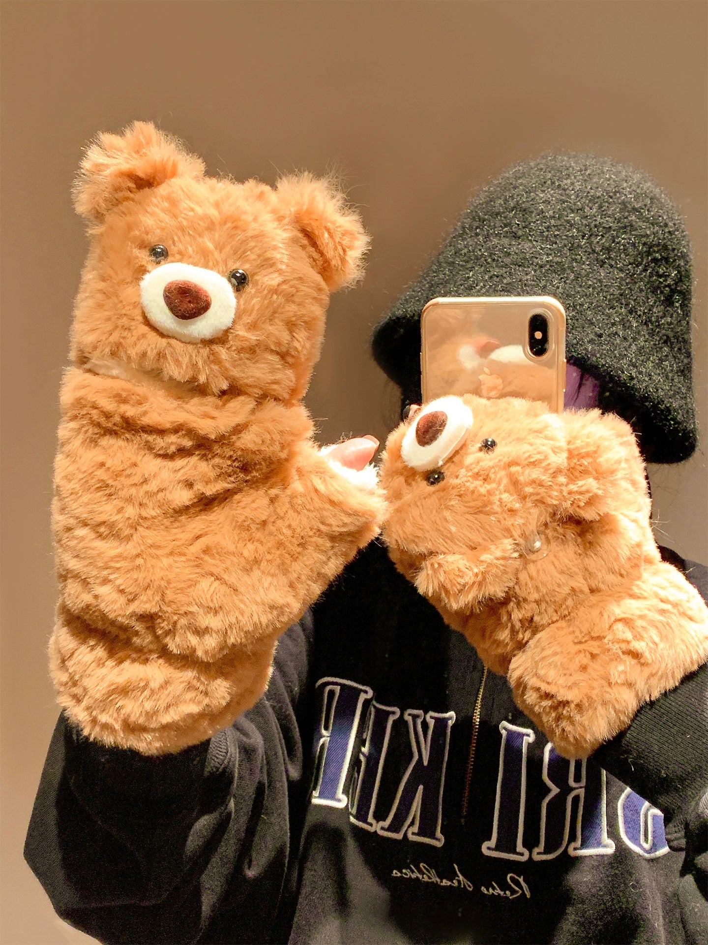 Cute teddy bear flip half finger plush gloves