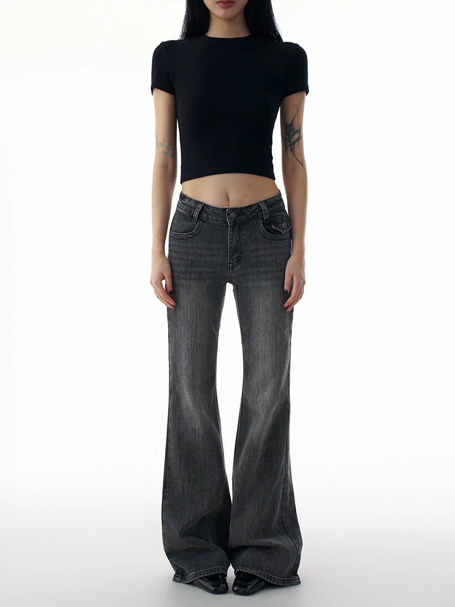 Low waisted flared bamboo striped jeans