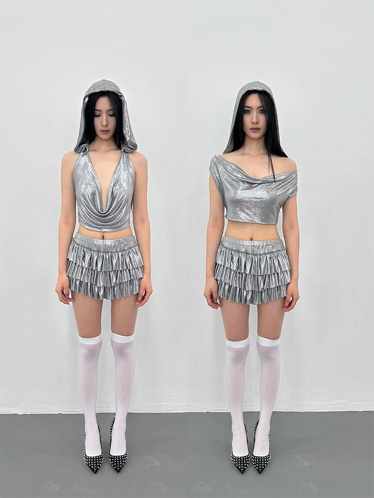silver grey top rhinestone backless irregular set