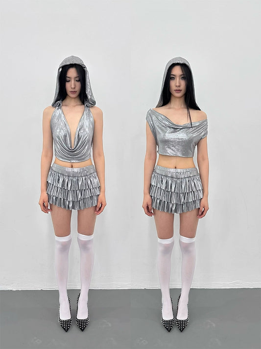 silver grey top rhinestone backless irregular set