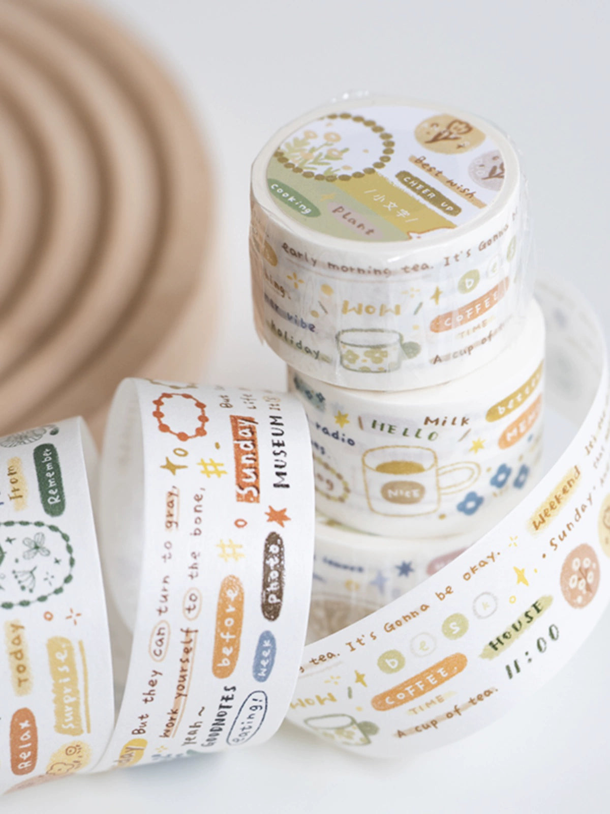 Text breakfast, afternoon tea, paper tape, ink stickers