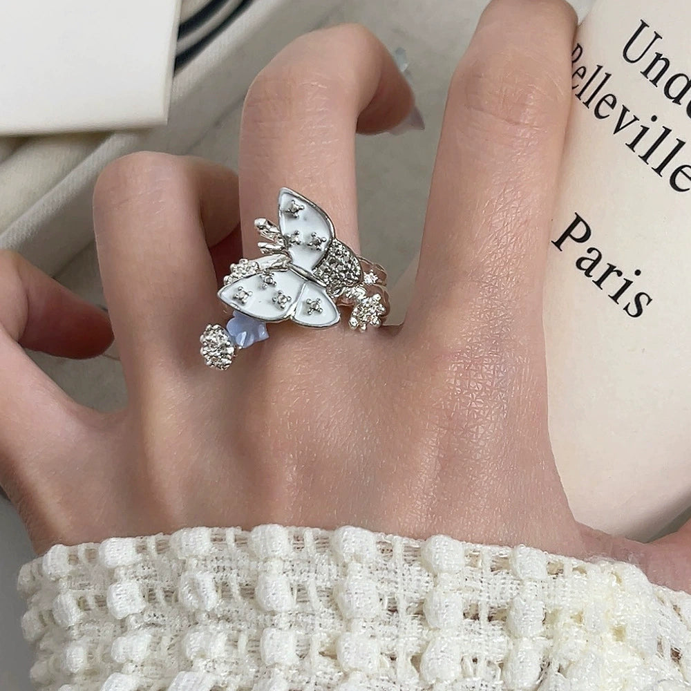 Exquisite Purple Diamond Hollow Cross Butterfly Necklace Ring