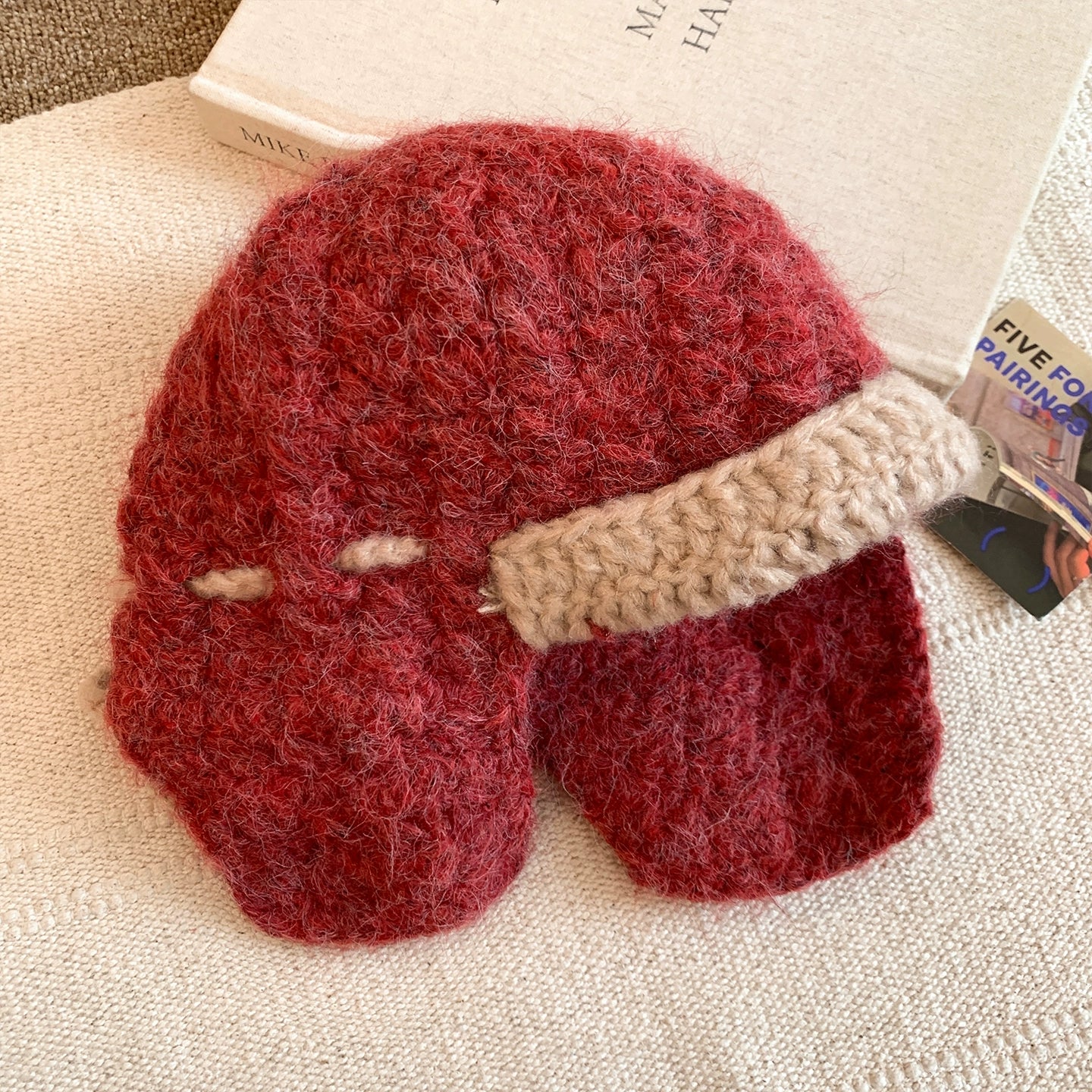 Pink plush knitted ear protection cap