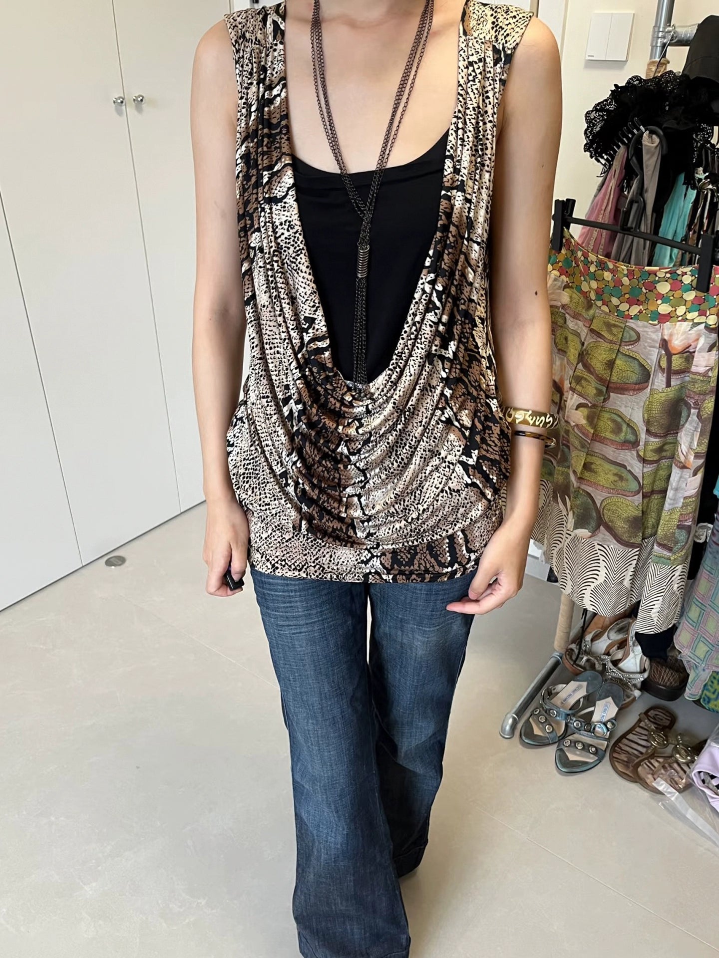 Leopard print patchwork swing neck vest dress