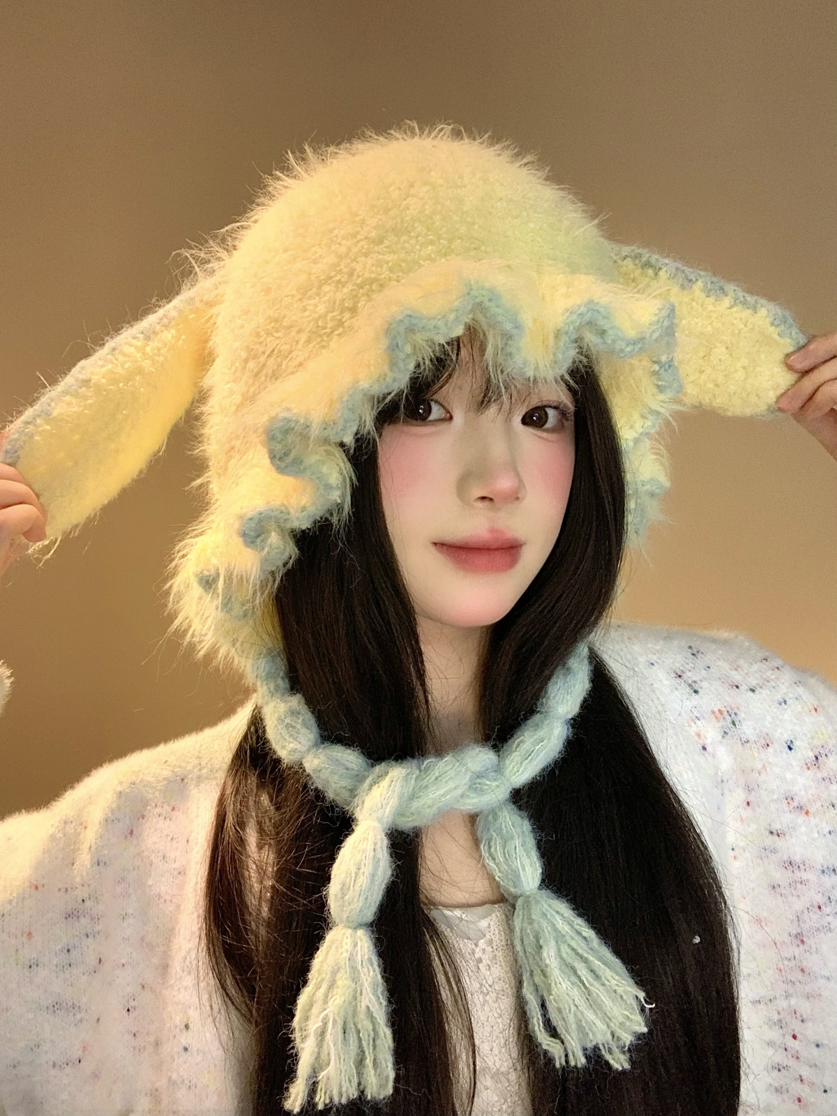 Pink rabbit ear plush knitted ear protection cap