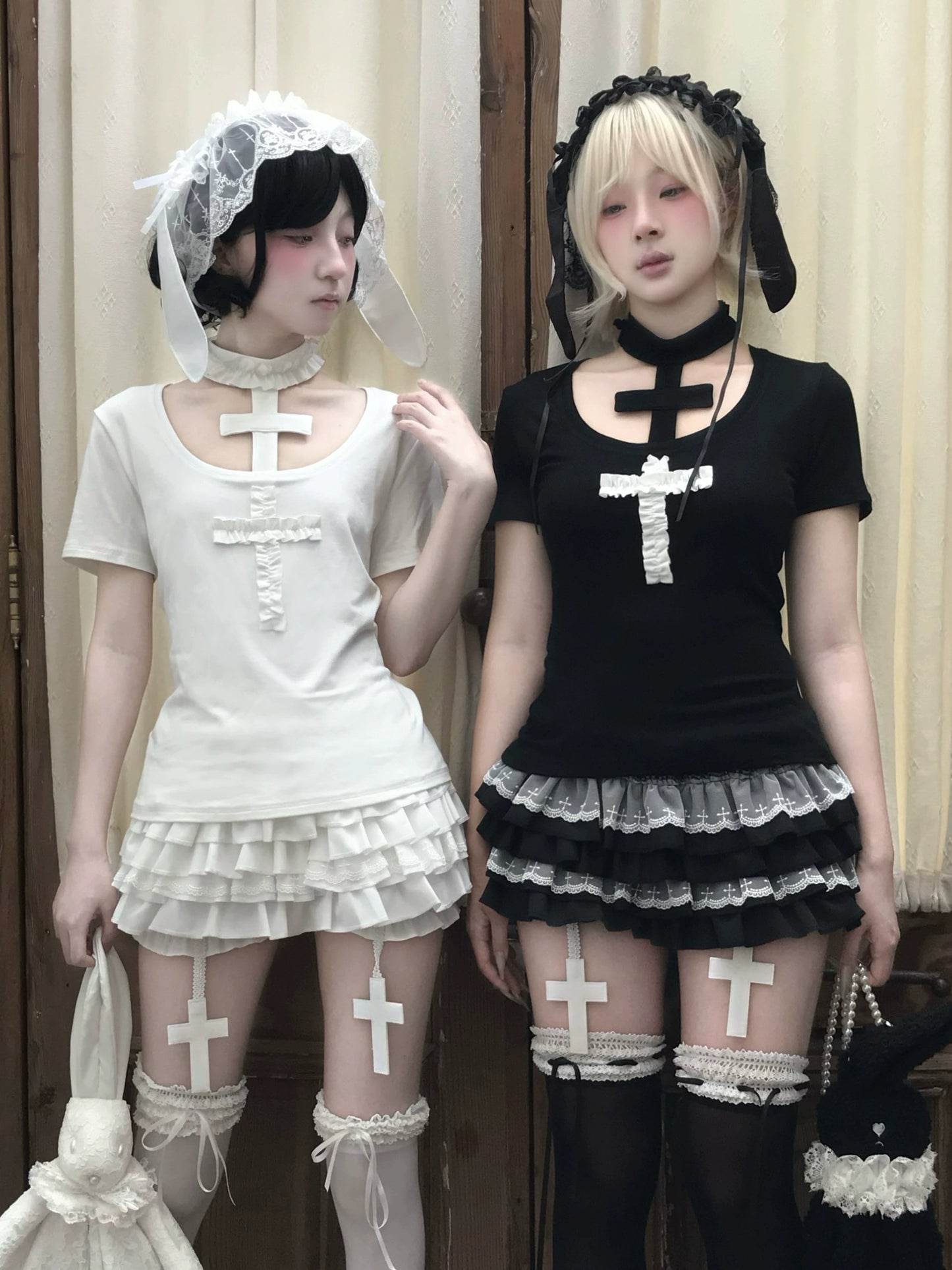Dark White Gothic Cross Neck Hanging T-shirt Cake Skirt