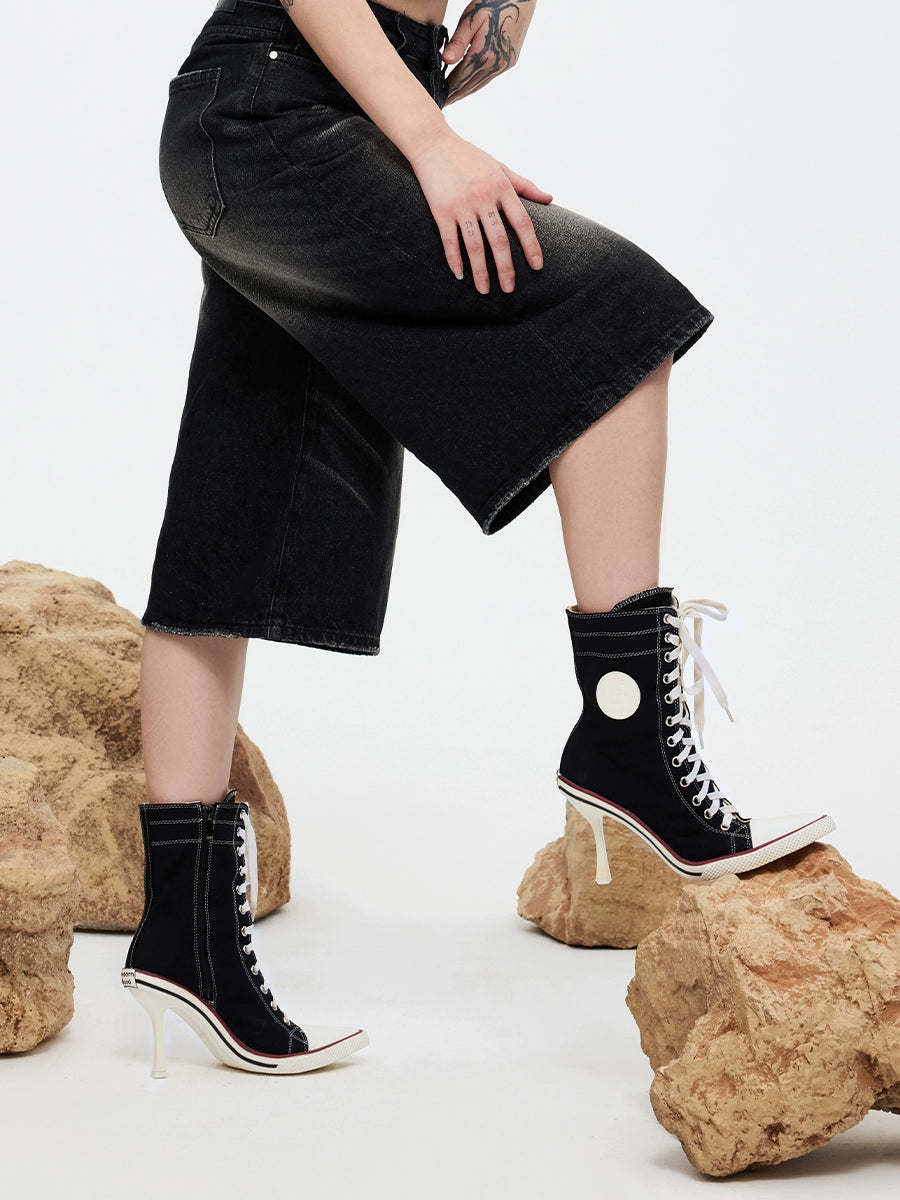 Sports style leather label canvas lace up high heels