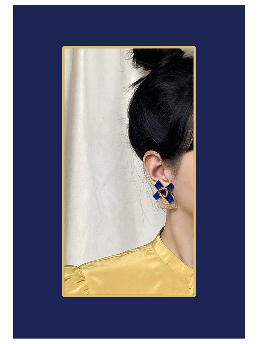 Gemstone Kiss xoxo "Pearl Blue Silk Gold Leaf Embroidered Ribbon Bow Earrings Classical and Gorgeous