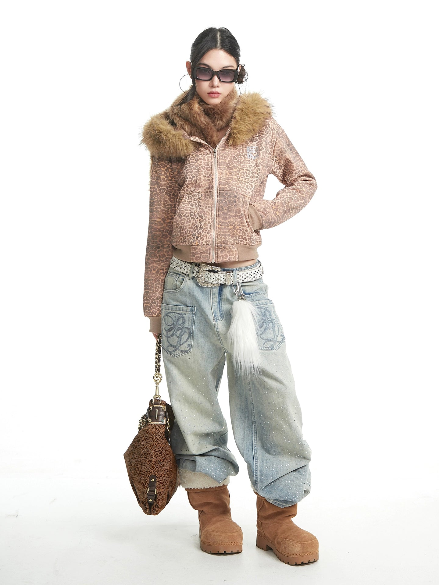 Retro leopard print fur collar thick short jacket