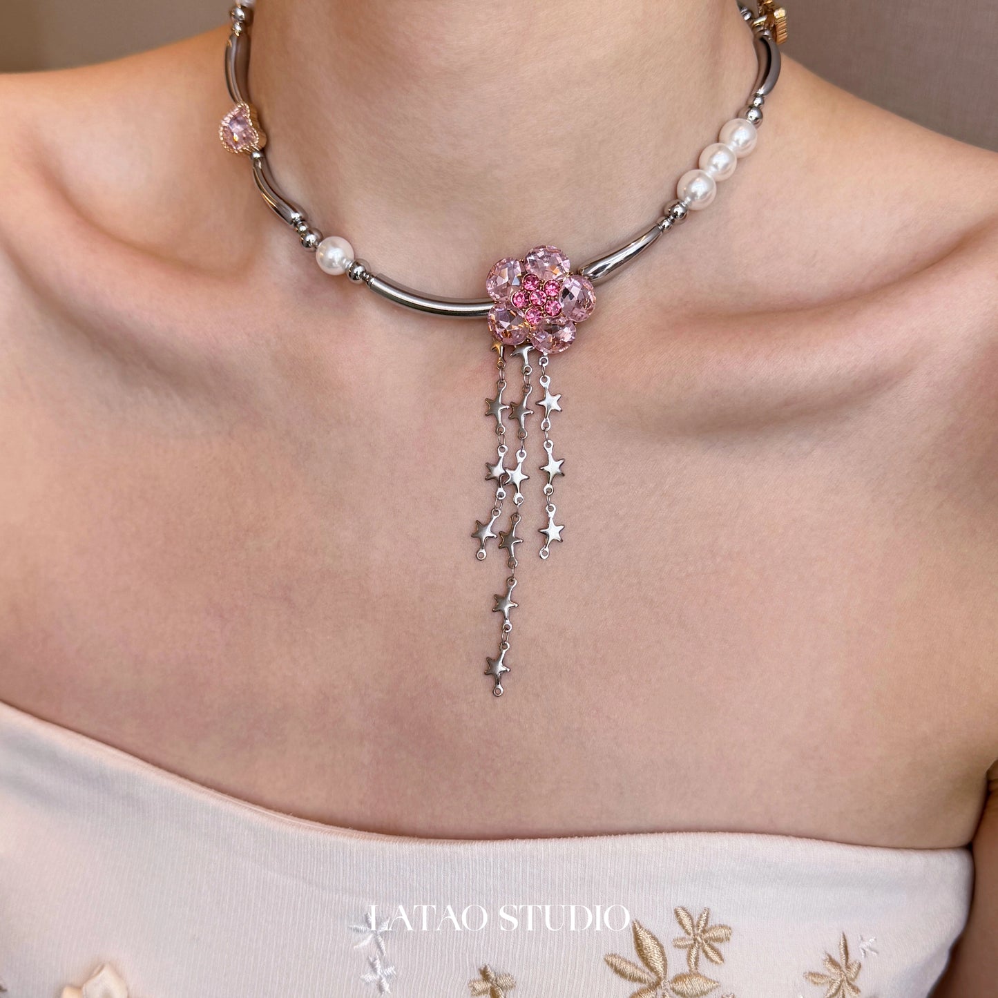 Barbie Jenny Pink Diamond Flower Pearl Tassel Titanium Steel Necklace