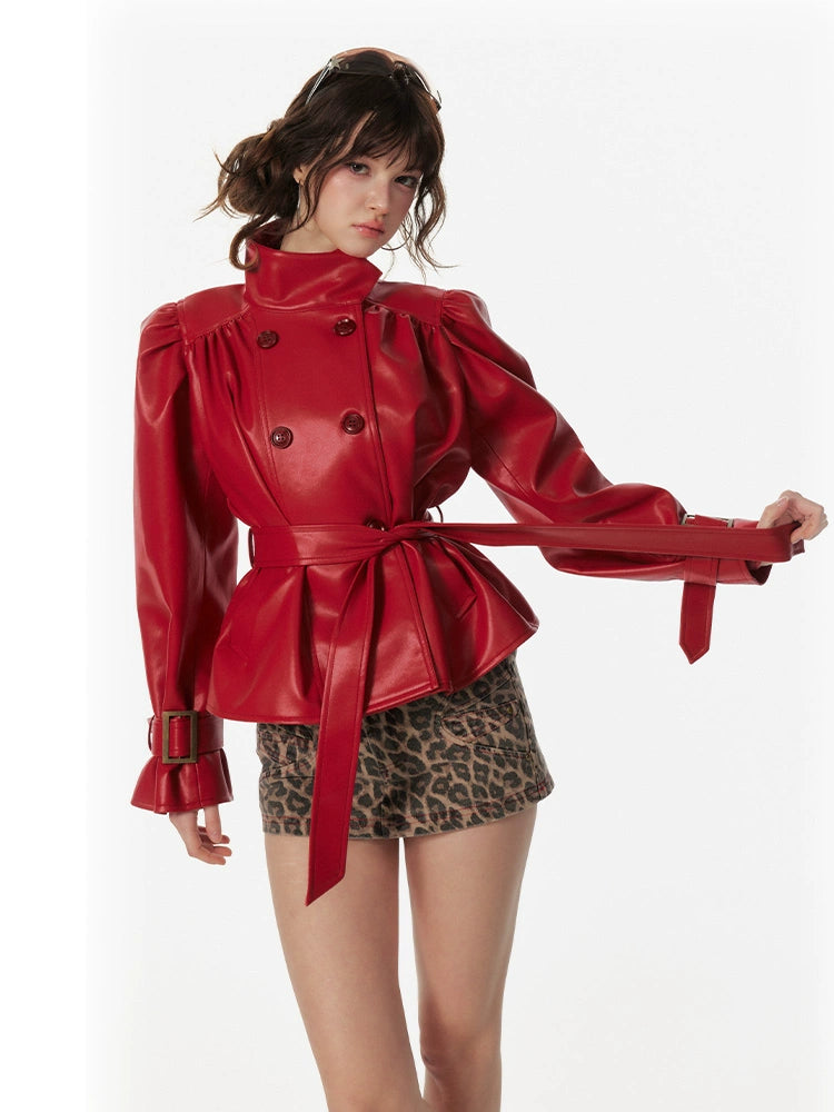 Wrinkled stand up collar red shirt