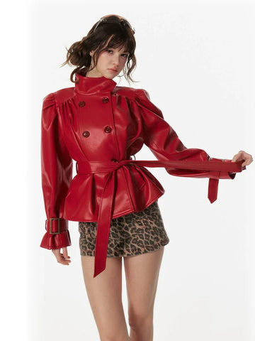 Wrinkled stand up collar red shirt