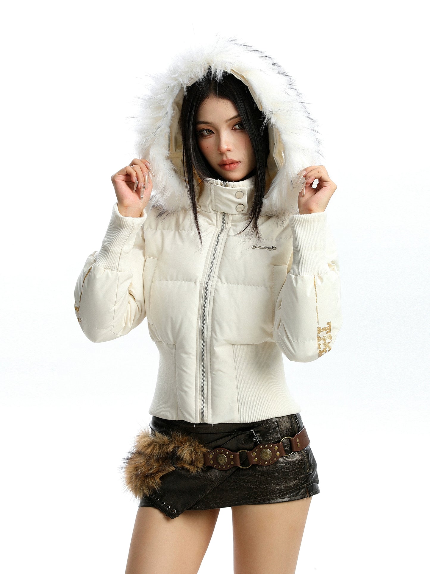 Detachable fur collar hooded short cotton padded coat