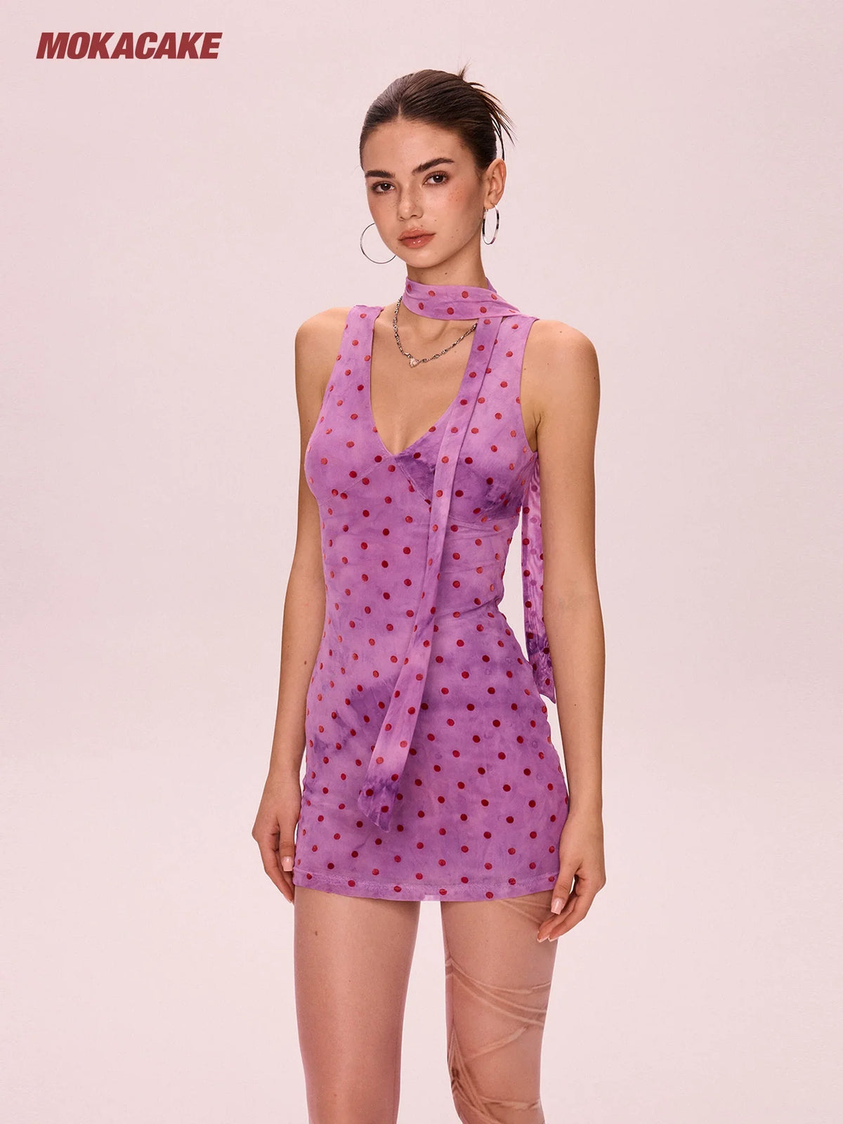 Purple polka dot V-neck mesh dress