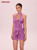 Purple polka dot V-neck mesh dress