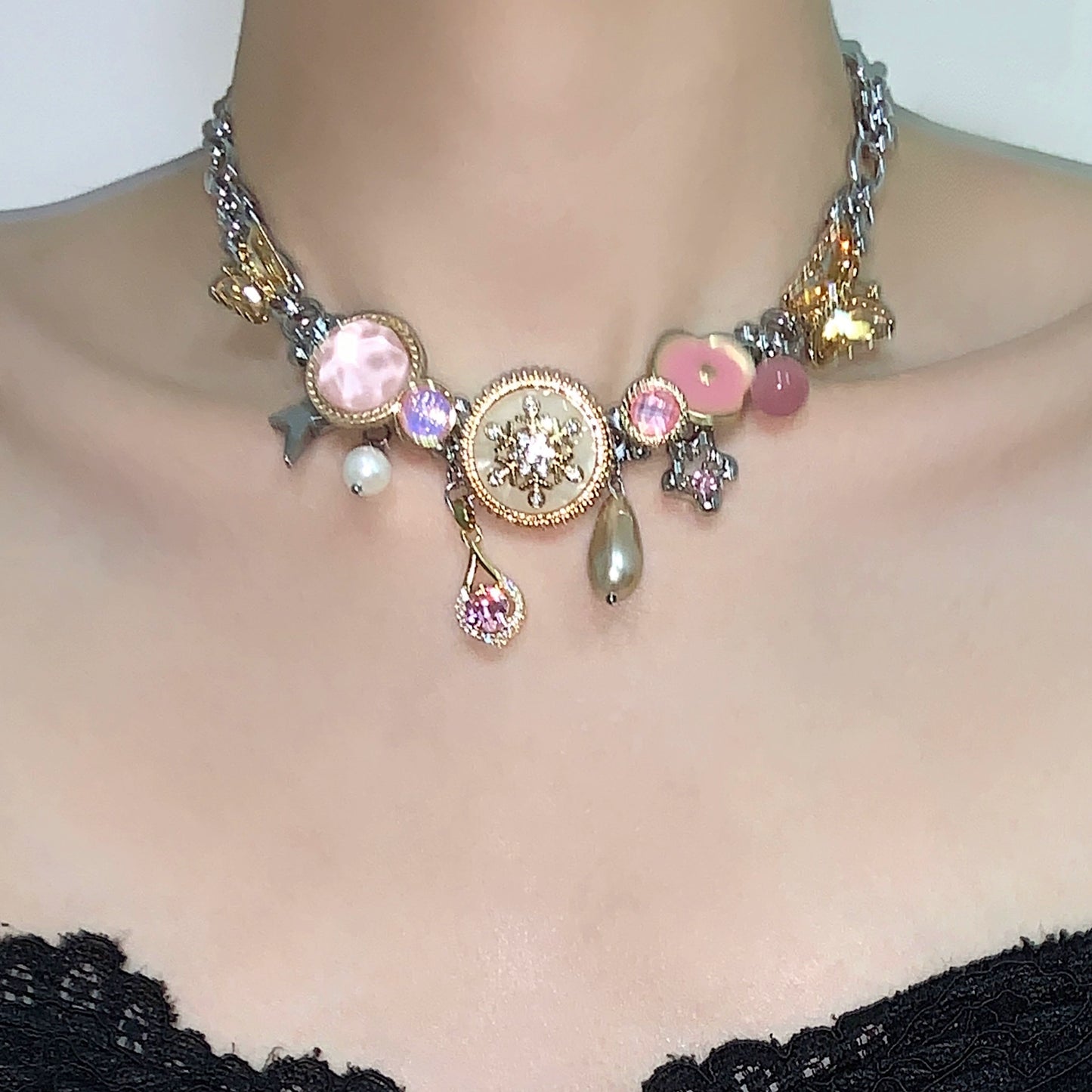 Golden Pink Beauty "Butterfly Button Titanium Steel Joker Bracelet Necklace