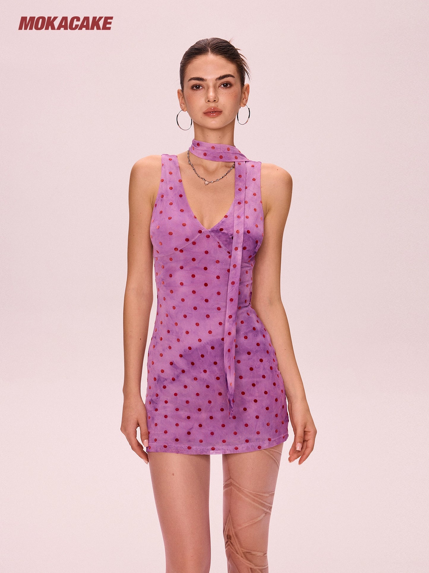 Purple polka dot V-neck mesh dress