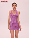 Purple polka dot V-neck mesh dress
