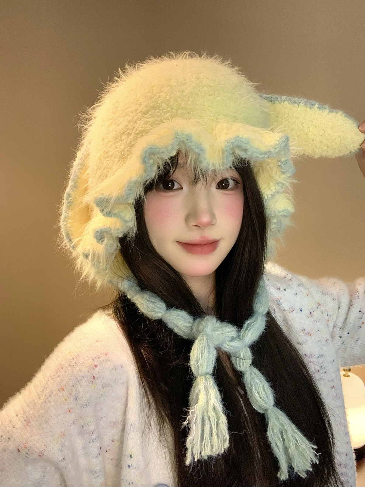 Pink rabbit ear plush knitted ear protection cap