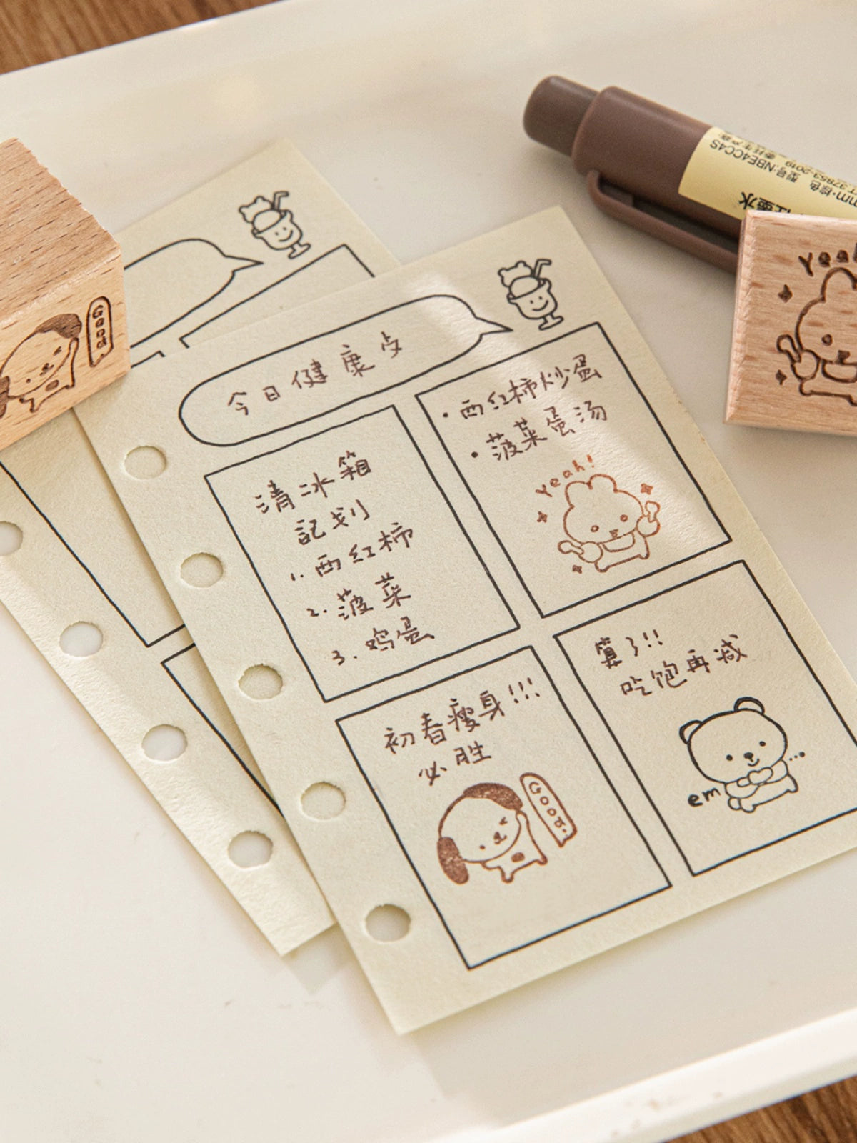 Cute cat and puppy wooden stamp