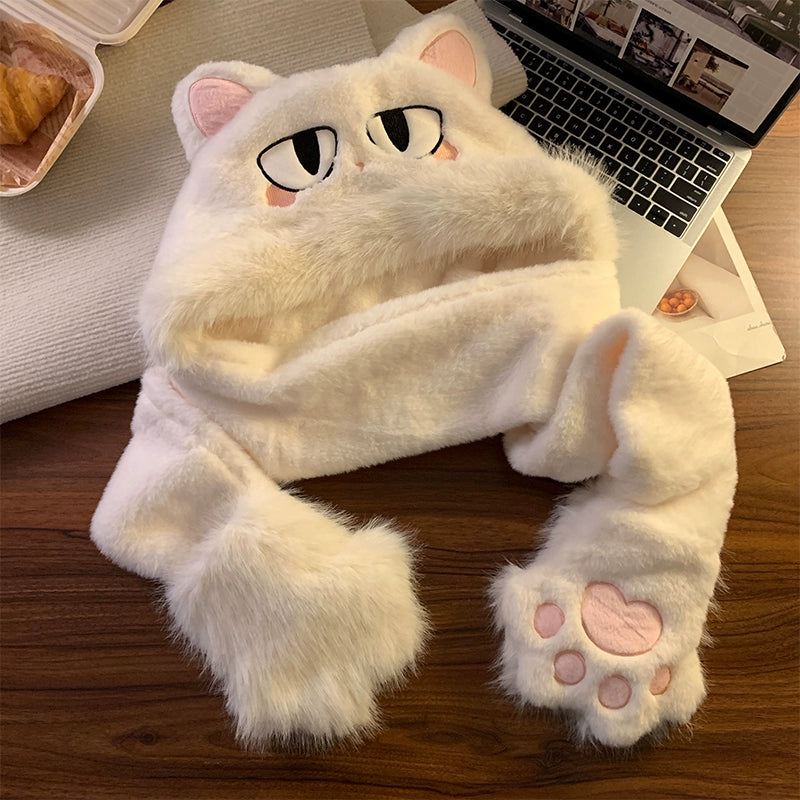 Cute cat plush hat and scarf in one
