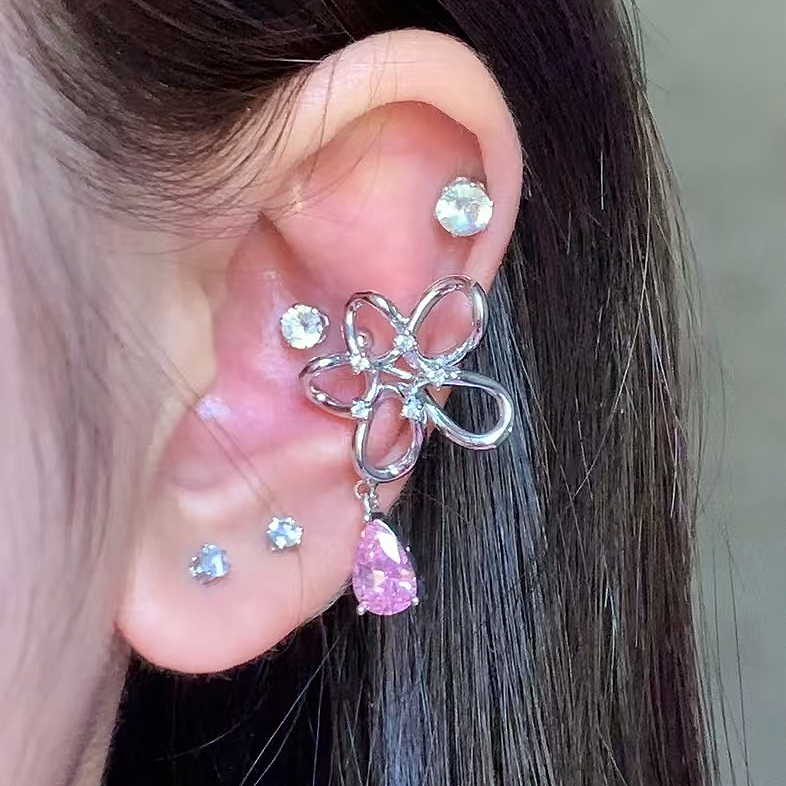 Pink zircon flower ear clip ring