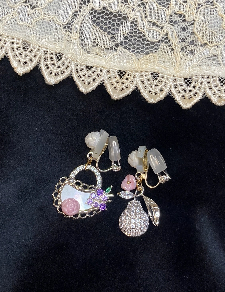~*H. C. Signature Diamond Fruit Basket *~Precious Materials Shell Letter Sugar Sparkling Grape Fruit Heavy Industry Earrings