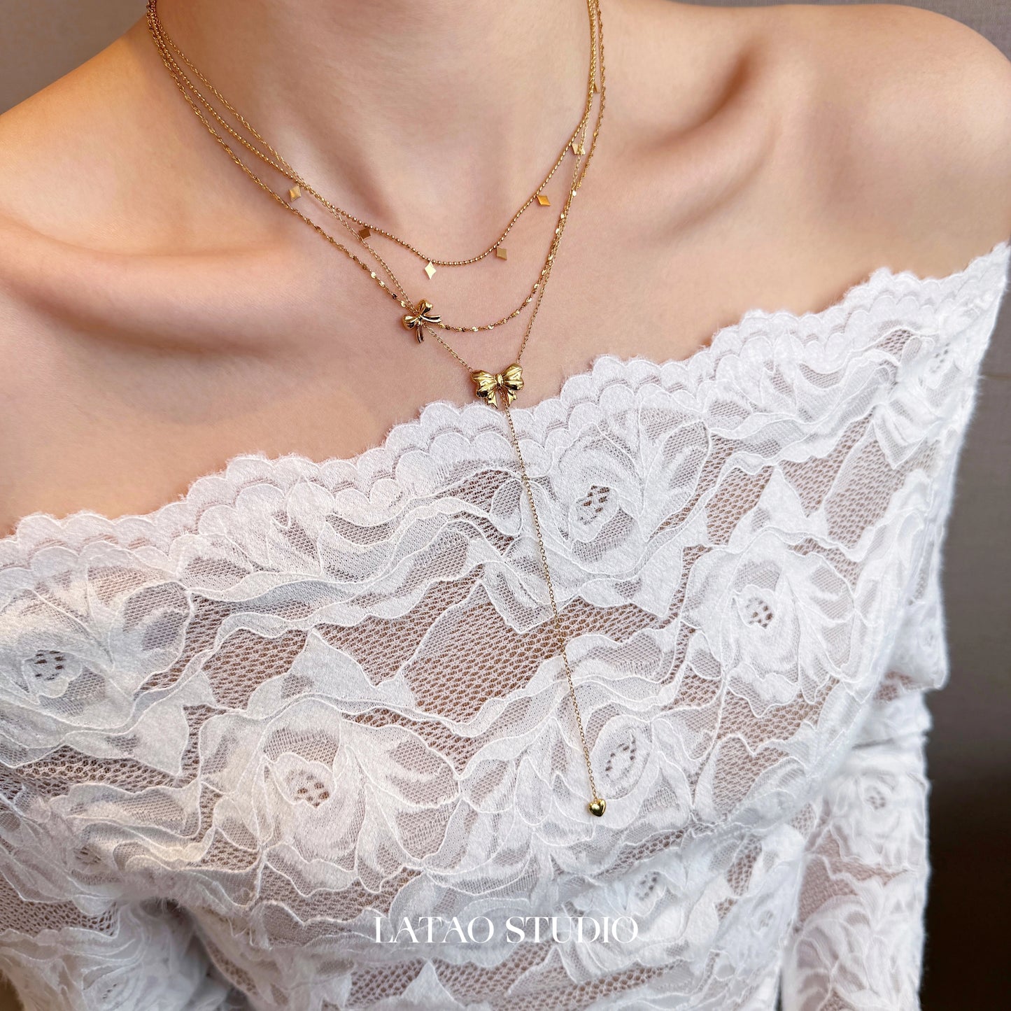 Dream Butterfly "Golden Bow Multi layered Long tassel Necklace