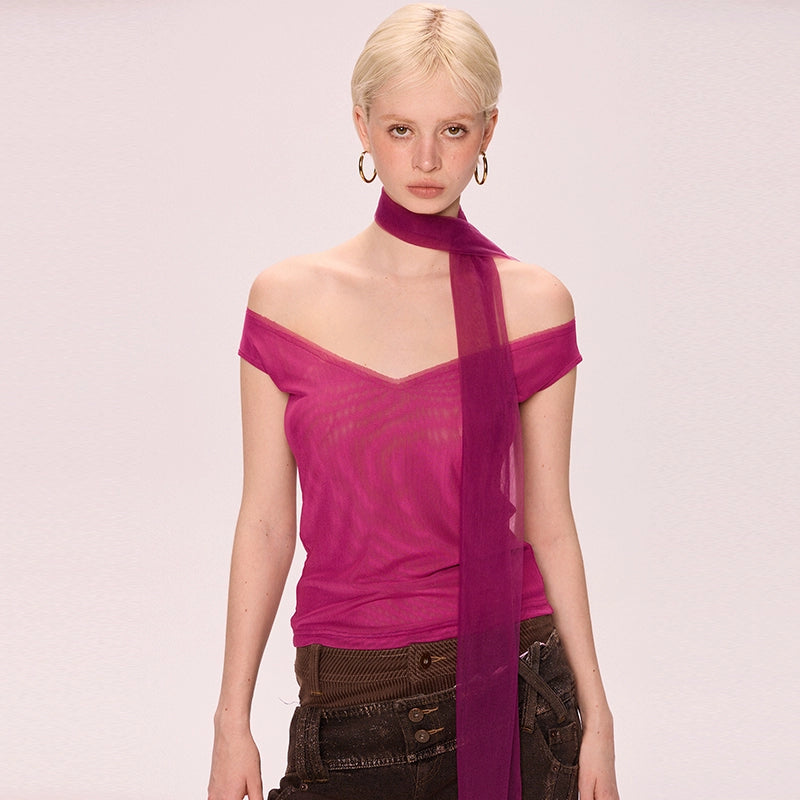 Rose red mesh ribbon V-neck vest