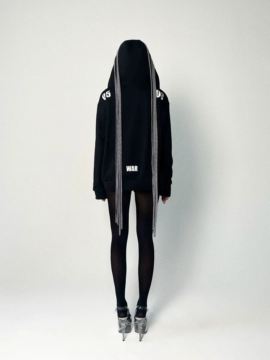 Street black and white striped fringe hoodie